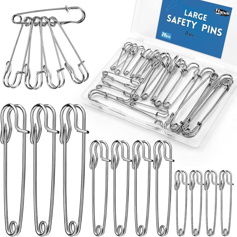 Ftyiwu Large Safety Pins, 20 Pack Heavy Duty Safety Pins 3 Size 2" 3" 4", Stainless Steel Safety Pin for Clothes, Blankets, Laundry, Leather Canvas, DIY Crafts (Silver) - Image 1